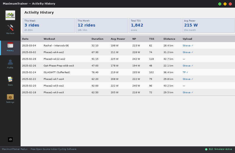 Activity history — ride log with power data and Strava/TrainingPeaks upload