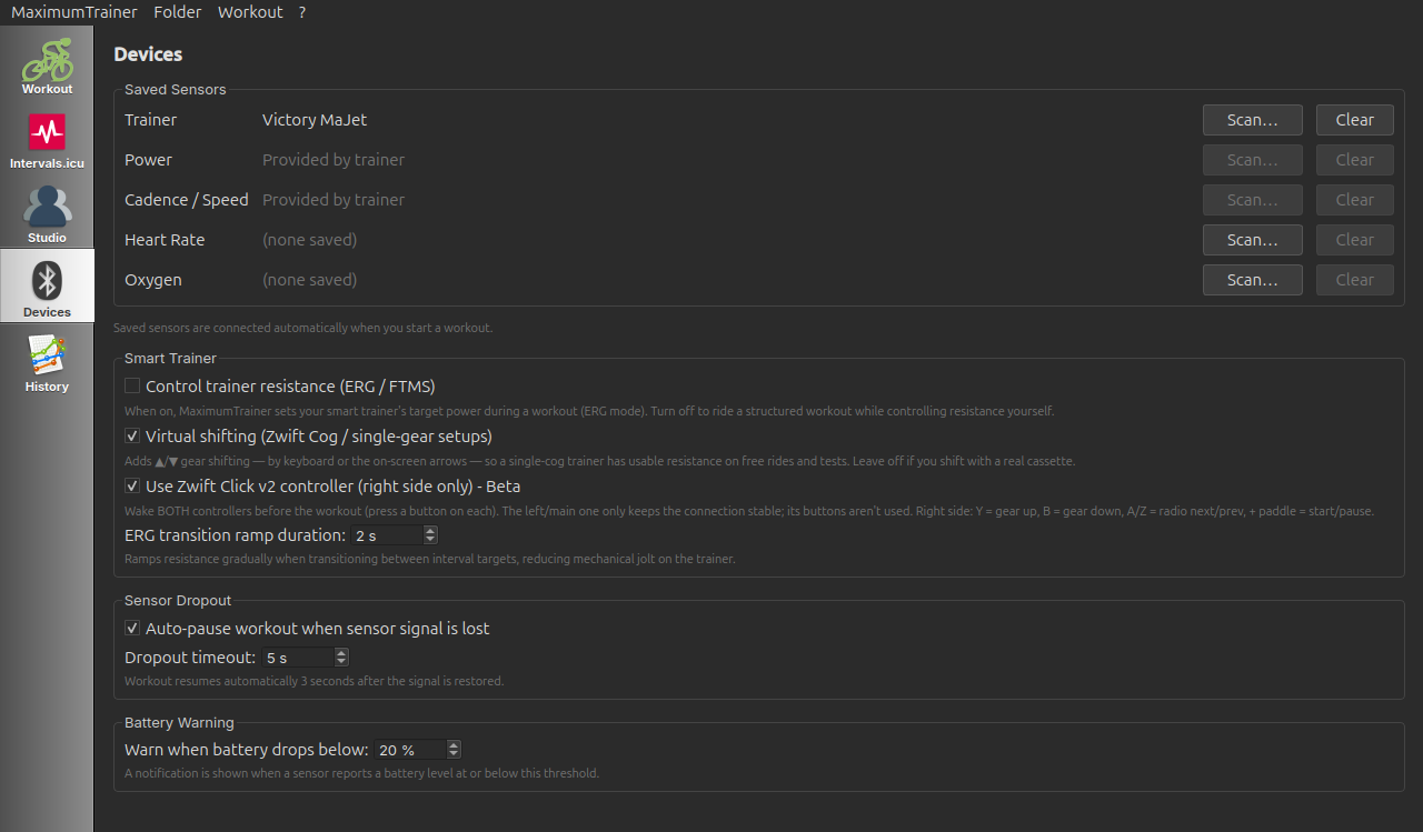 Devices tab — saved sensors per role, plus trainer ERG, dropout, and battery settings