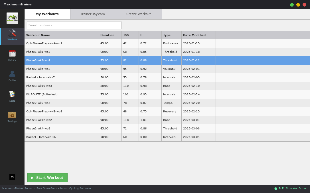 Main window — workout list with structured interval plans