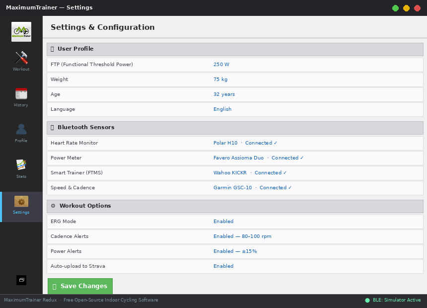 Settings — BLE sensor pairing and user profile configuration