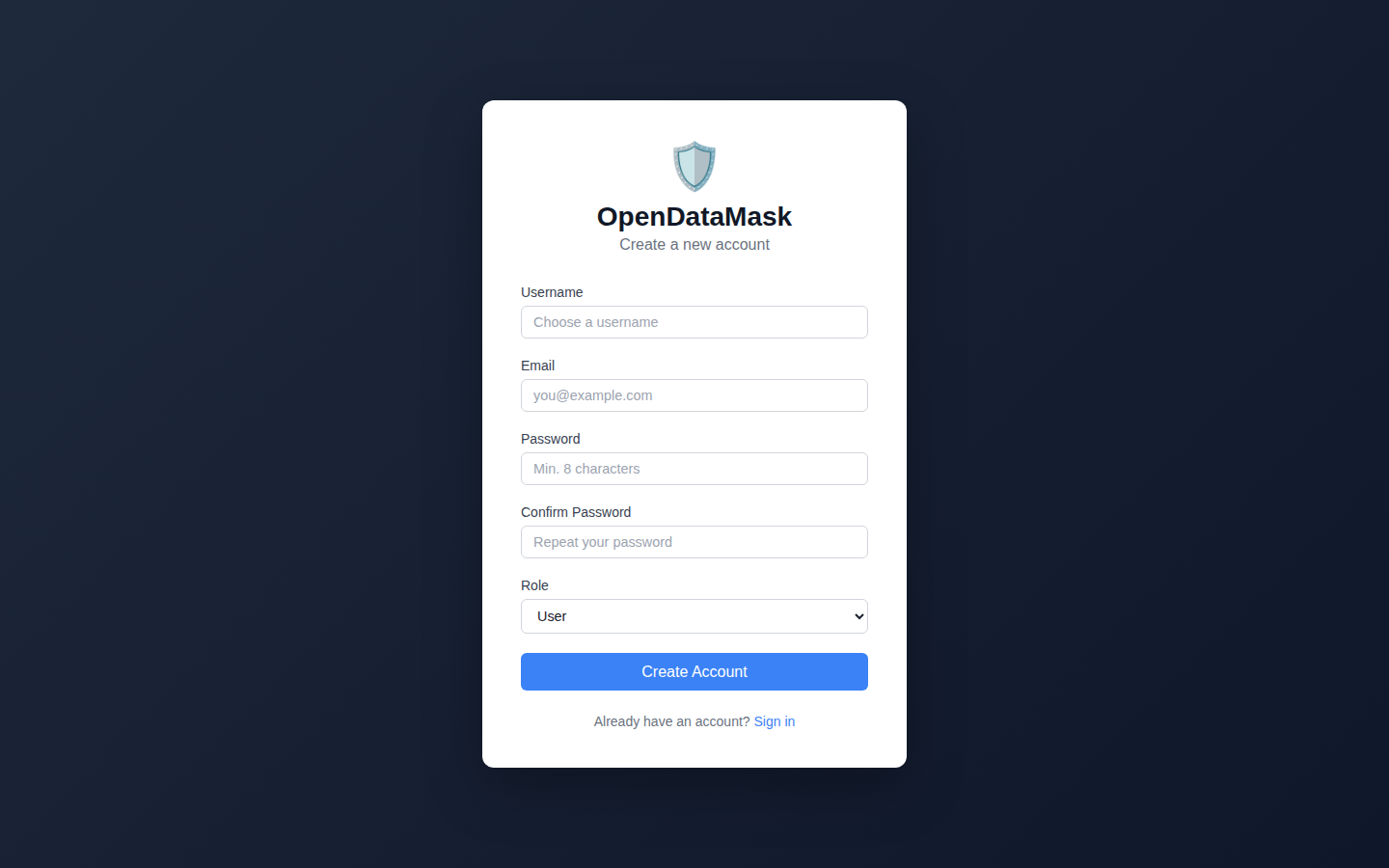 OpenDataMask registration form