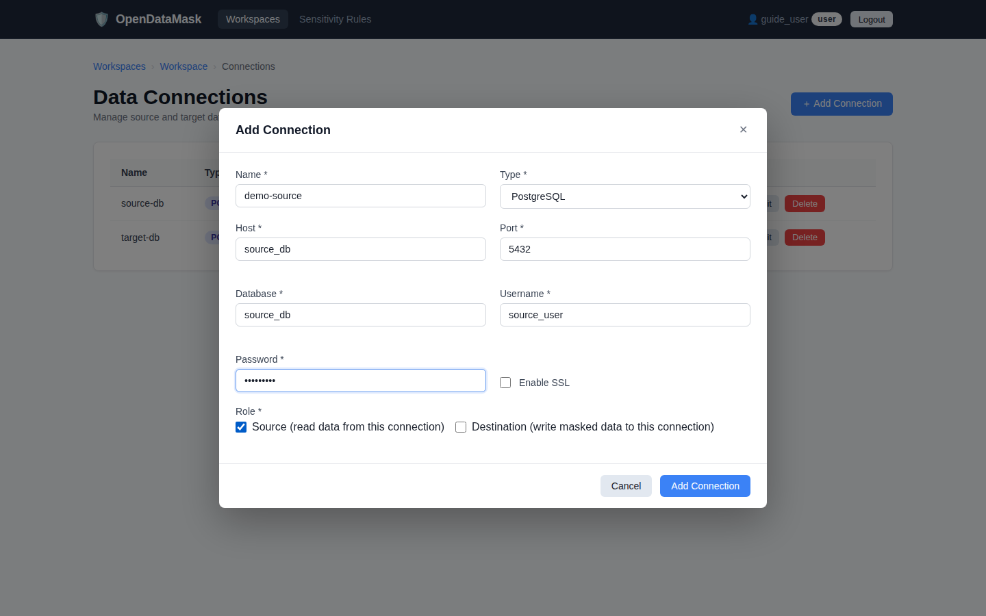 Connection form filled in