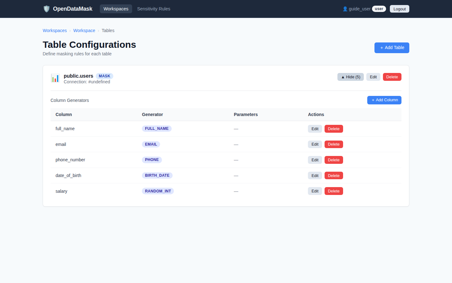 Add table configuration form