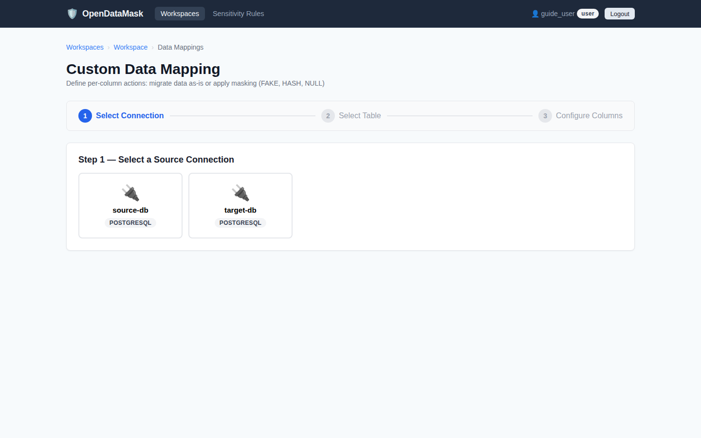 Data mapping wizard step 1