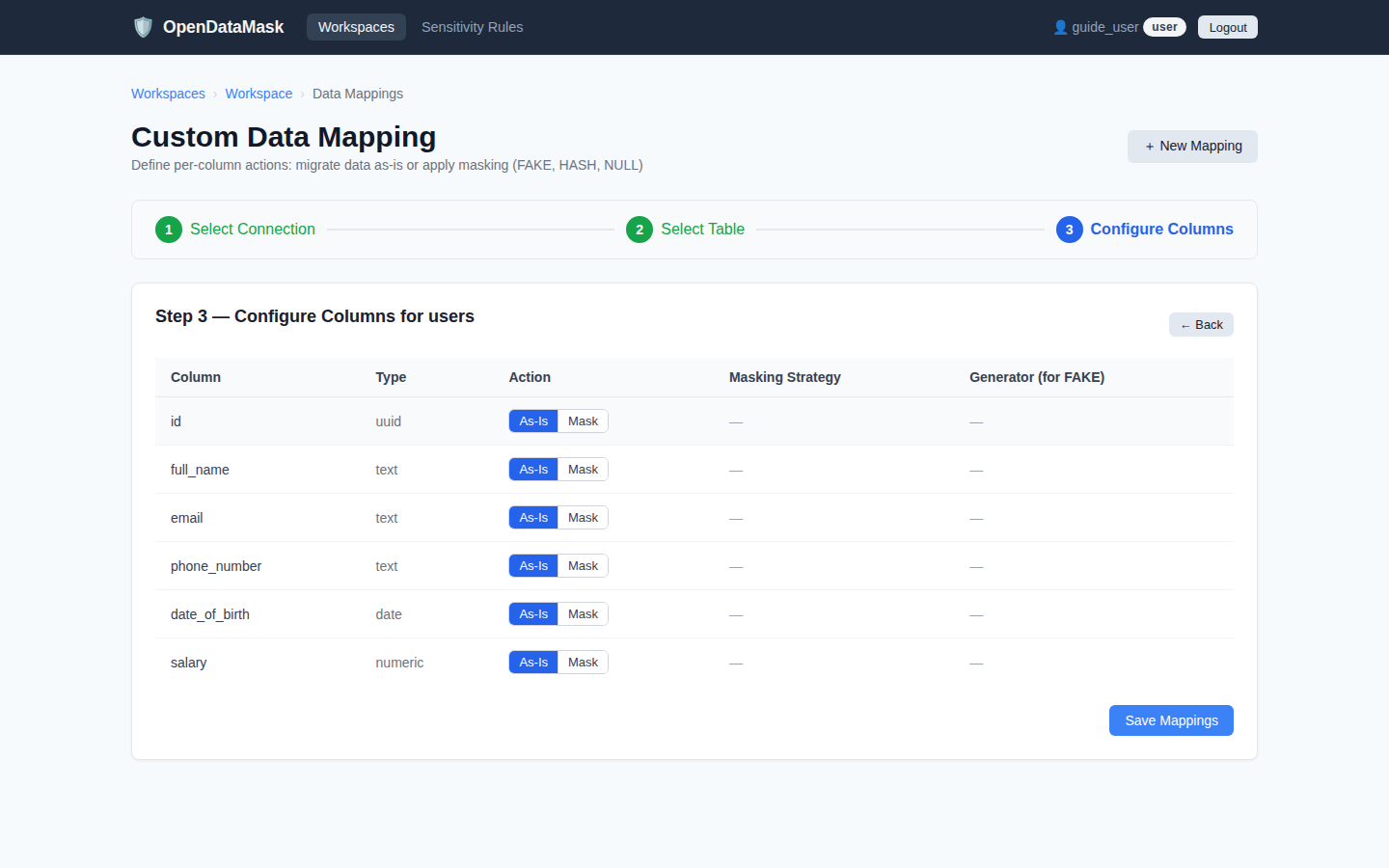 Data mapping wizard column configuration