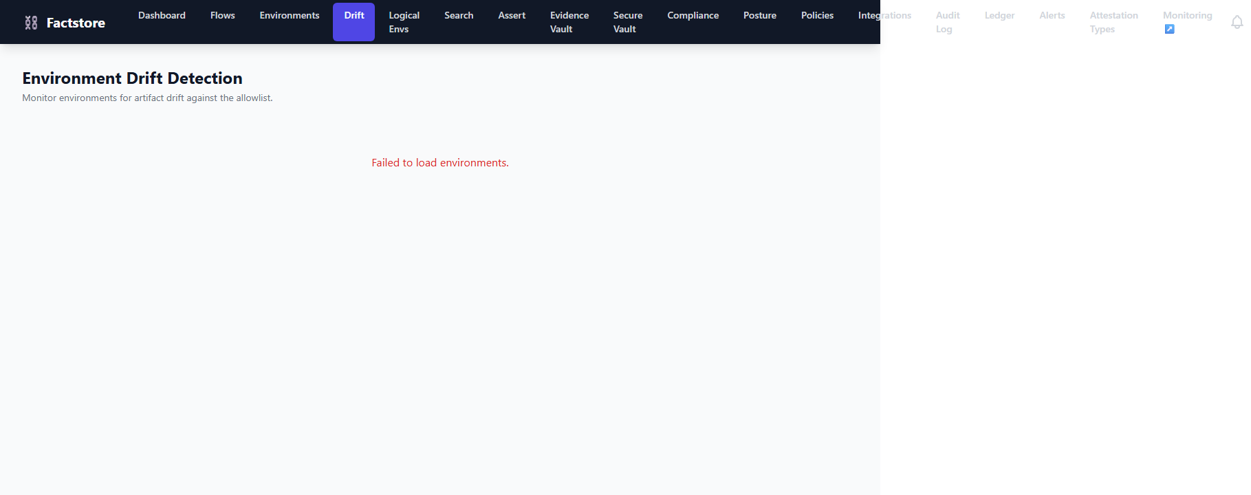 Drift detection page showing environment divergence