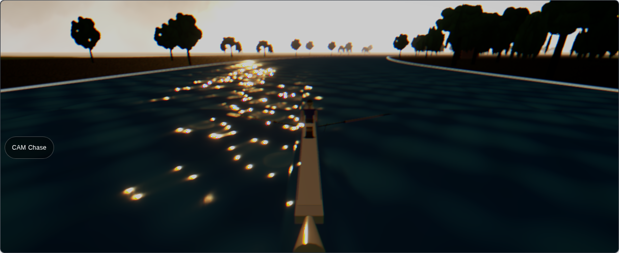 VirtualRow 3D rowing scene at golden hour — single scull on the Willowbrook River with warm backlight, captured on the extra-high graphics tier